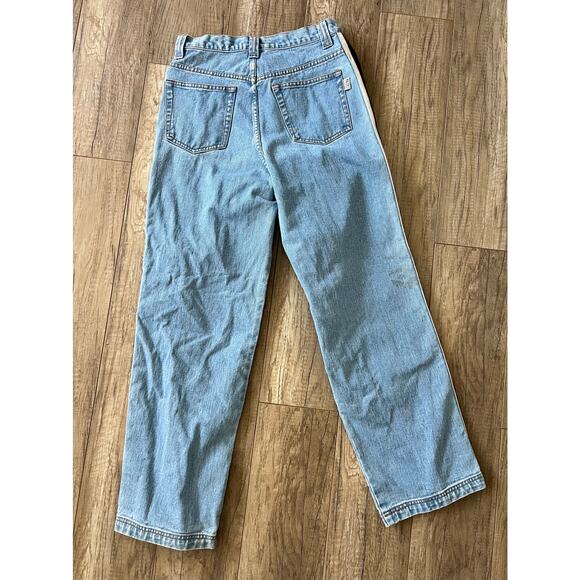 Vintage Revolt Jeans Faux Leather Trip 1990s Racing Stripe Red Sz 9 Denim Light - Picture 5 of 7